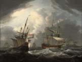 english frigate passing a dutch merchantman in congested waters